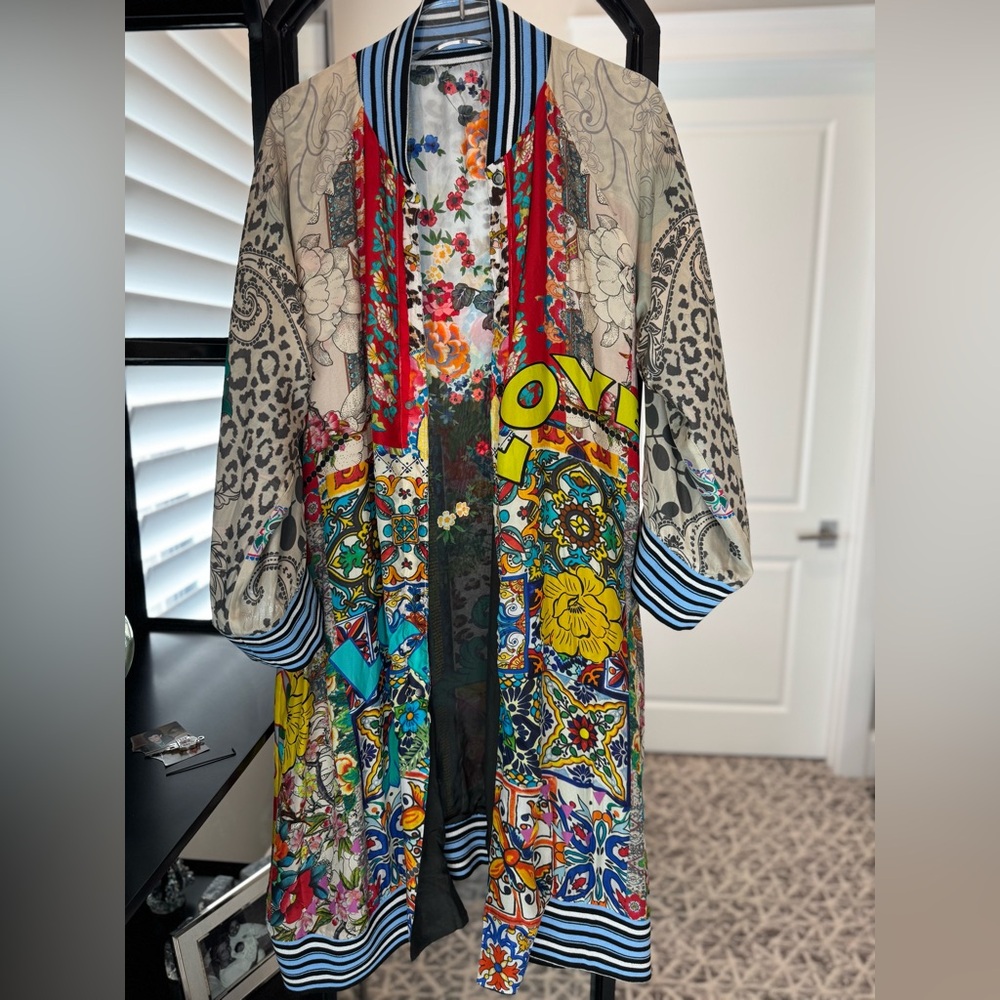 Johnny Was Silk, Reversible Colorful Patchwork Floral Kimono Duster